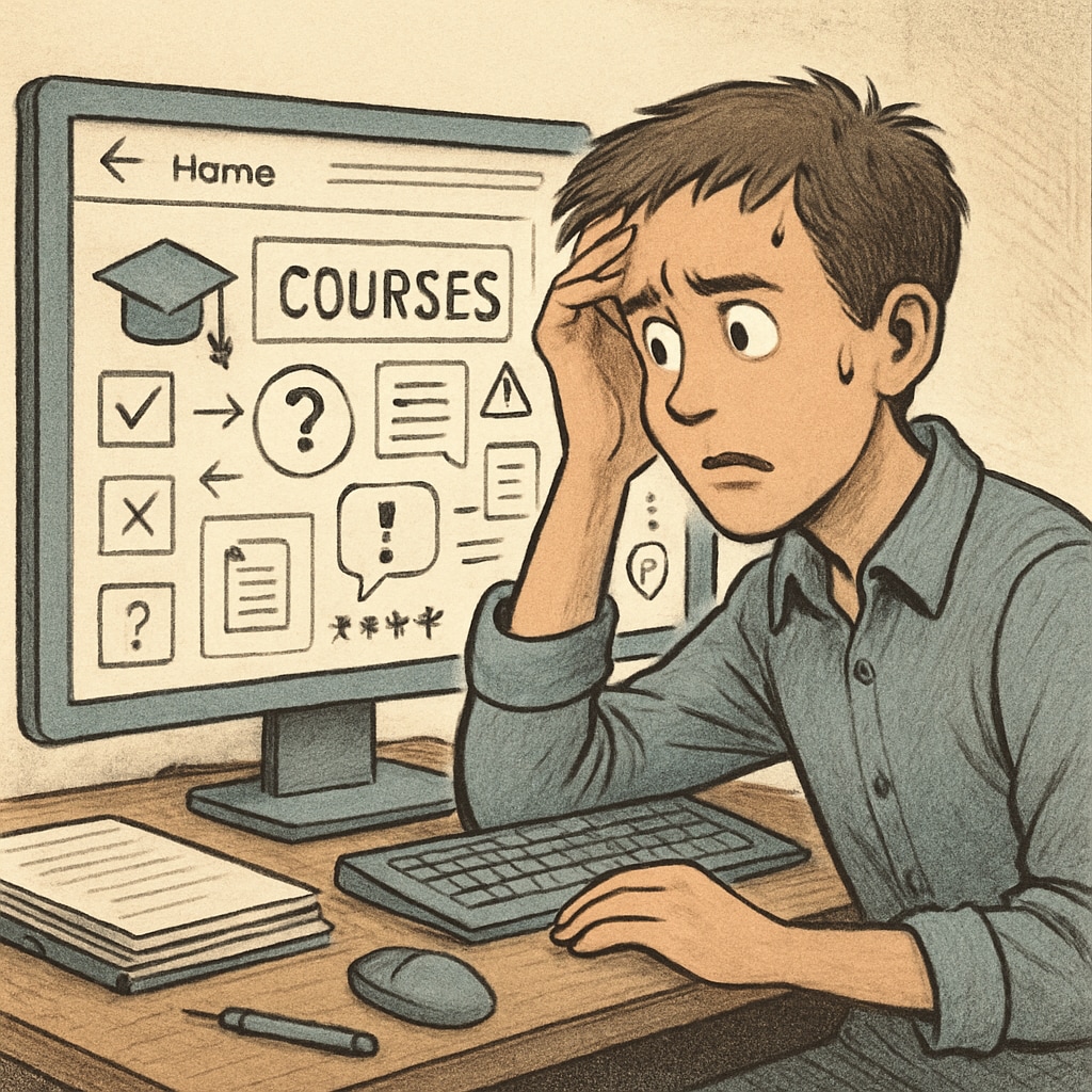 A student struggling to use a complex educational platform, symbolizing poor user experience. A student frustrated with a complicated educational tool, highlighting tool limitations and daily challenges.