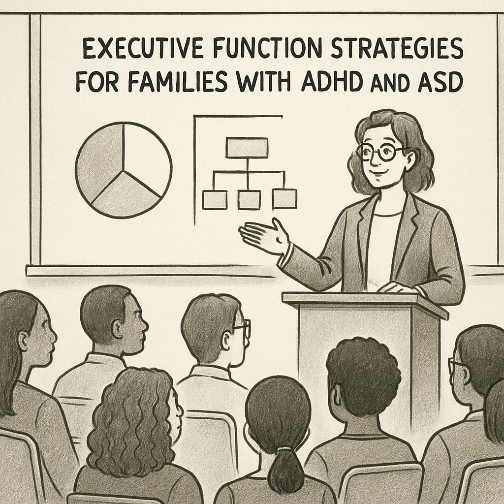 A professional speaker presenting a workshop on executive function strategies for ADHD and ASD families. Expert presenting executive function strategies for ADHD and ASD families.
