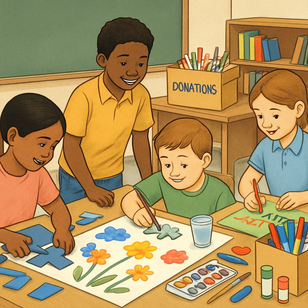 Students using donated art supplies to create collaborative projects, showcasing the benefits of classroom donations. Students using donated supplies for creative projects in class.