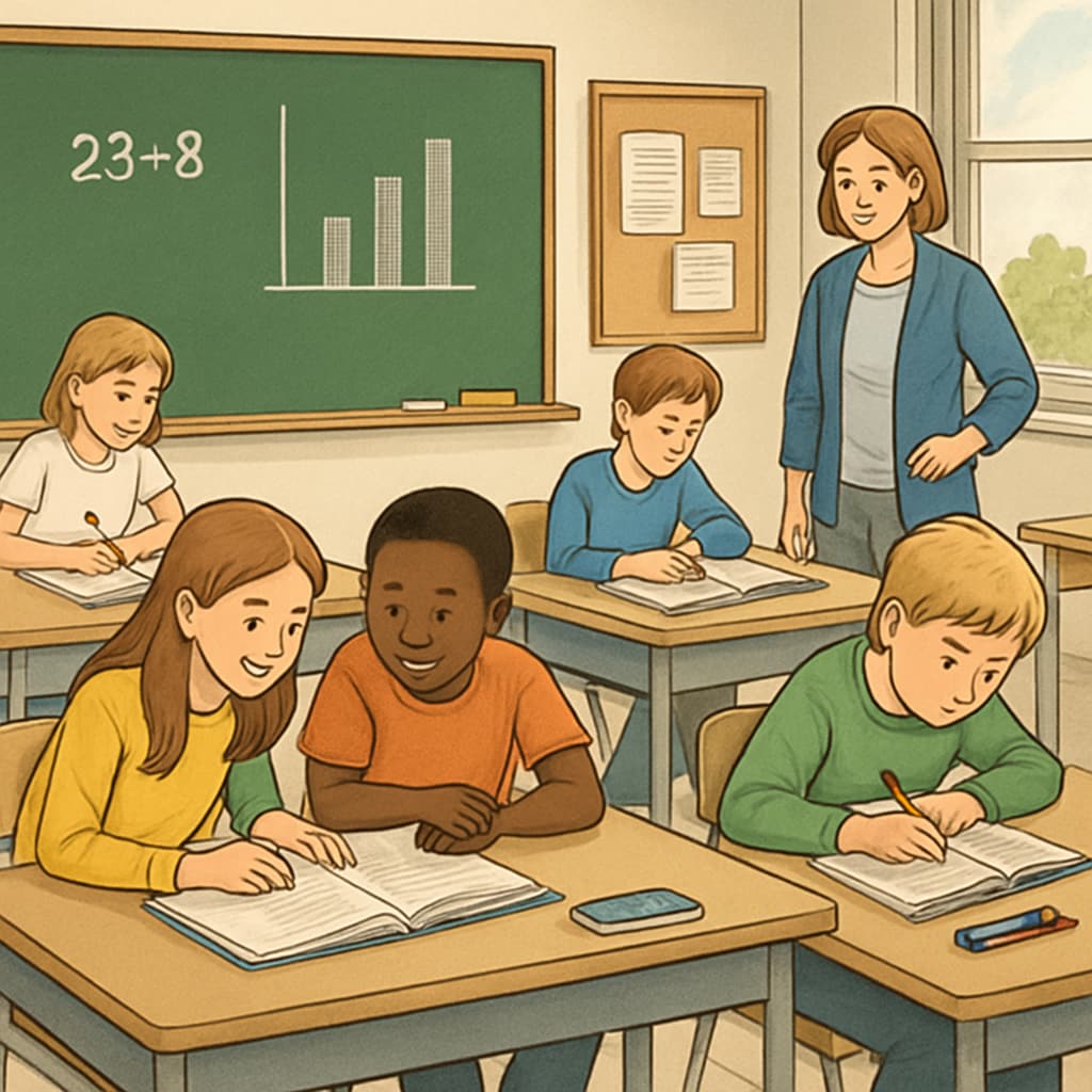A classroom with students engaged in both group activities (structured learning) and independent work (self-directed learning). Students participating in structured and self-directed learning activities.