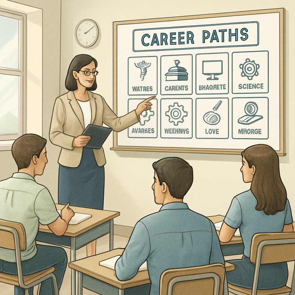 A classroom of high school students engaged in a career counseling session, with a counselor pointing to a board displaying various career paths. Career counseling session for high school students discussing academic planning and career options.