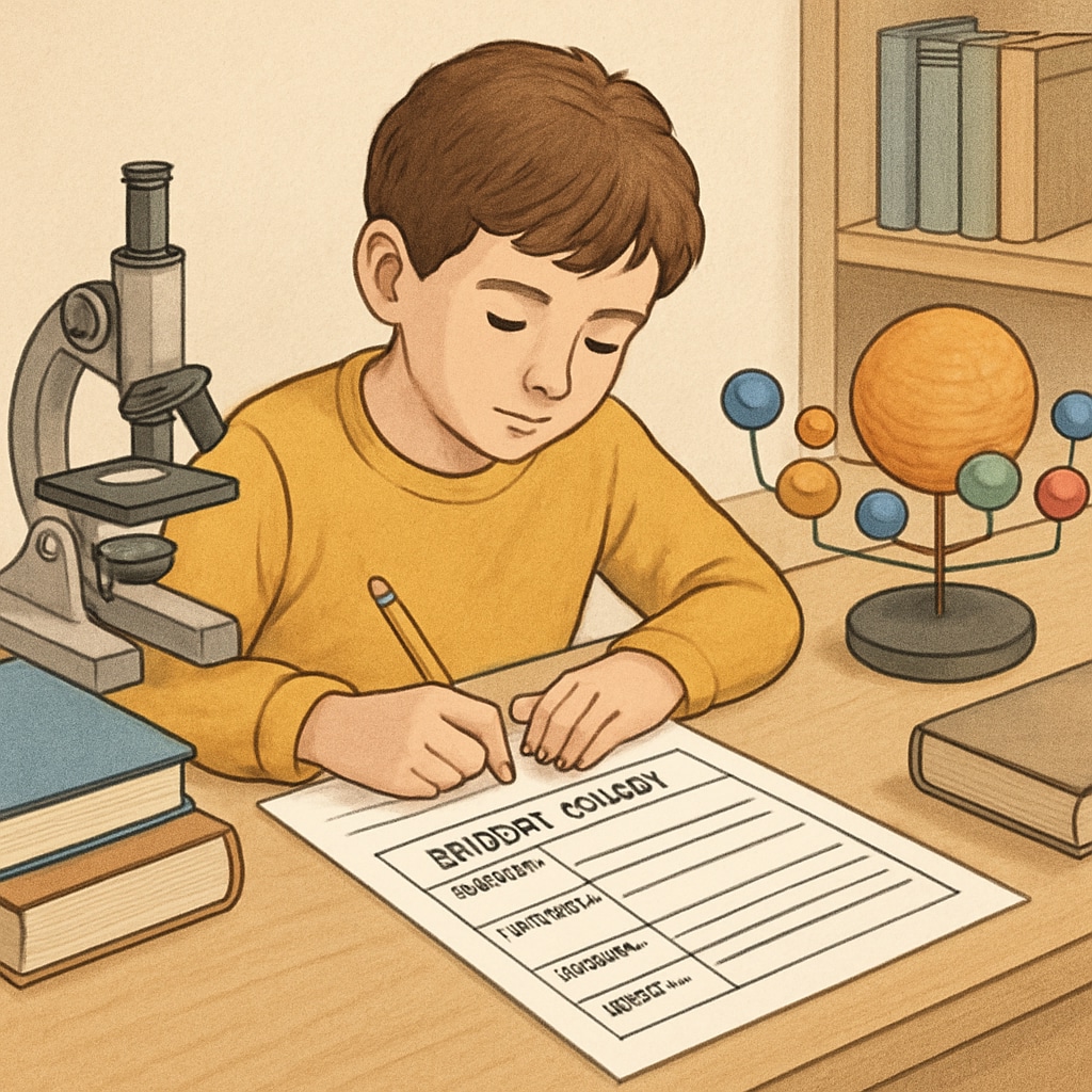 A student creating a science project independently while consulting a structured worksheet for guidance. A student combining structured and self-directed learning in a science project.
