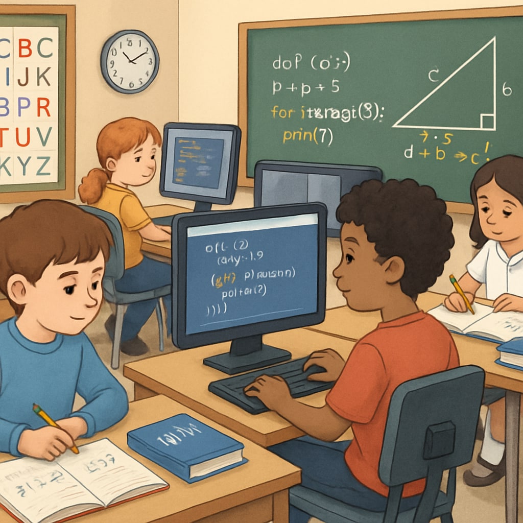 A classroom scene where students are engaged in both computer-based programming tasks and traditional academic exercises such as mathematics. Classroom where vocational education and traditional academics are integrated.
