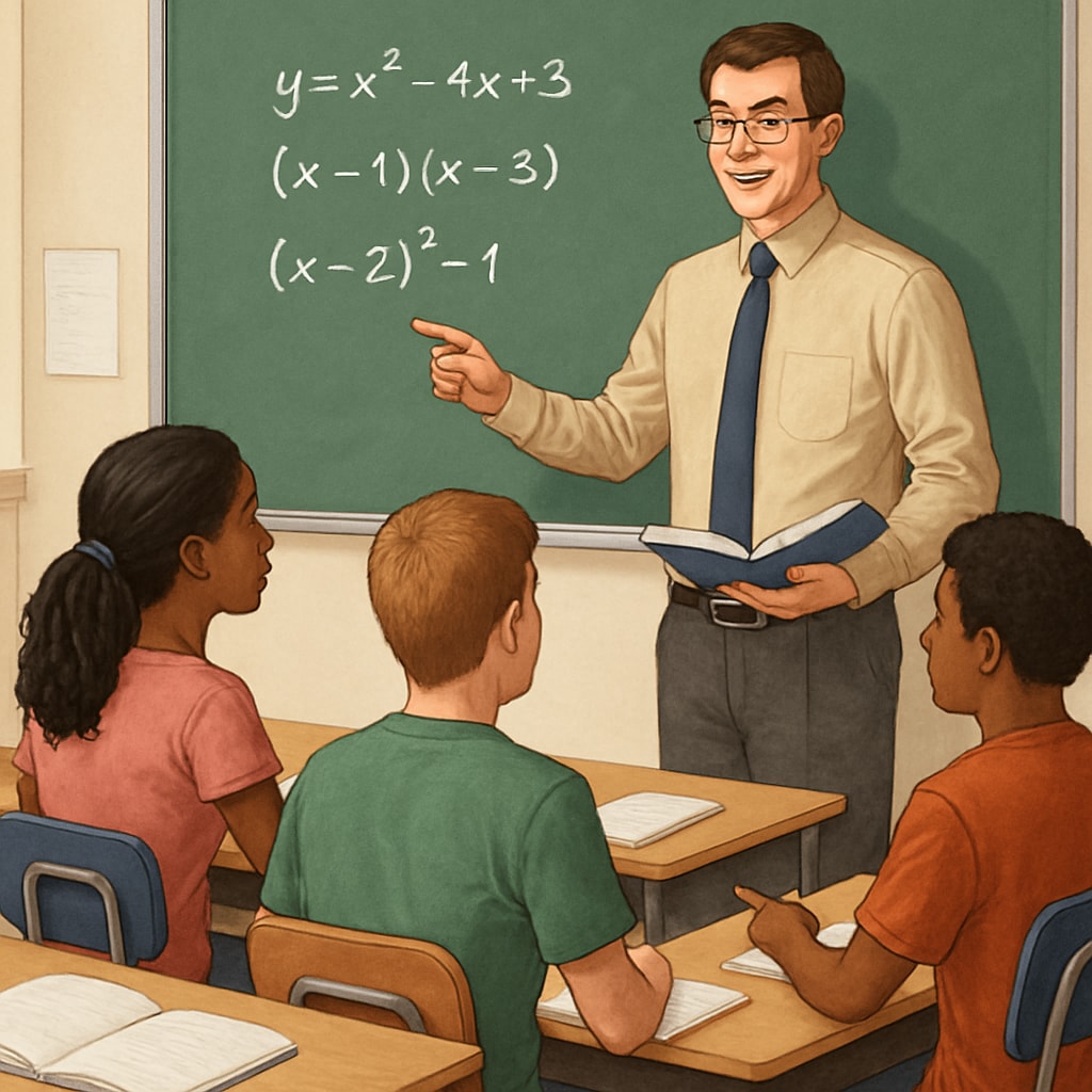 A teacher explaining algebraic concepts to a group of diverse high school students in a classroom setting. A teacher demonstrating algebra in a high school classroom, addressing language barriers.