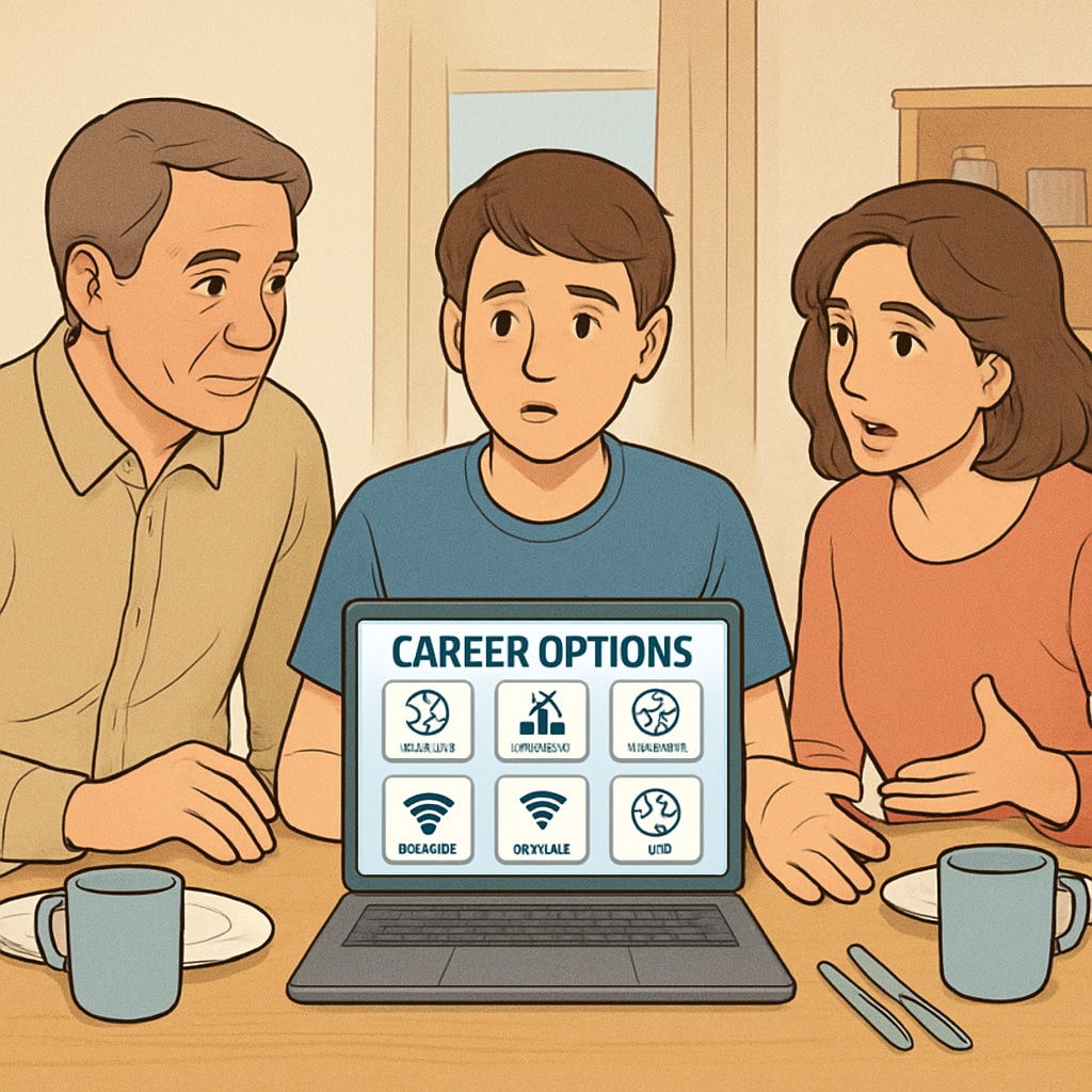 A young adult discussing career options with their parents at a dining table, with a laptop open displaying diverse career paths. Family discussing career and academic planning with a young adult.