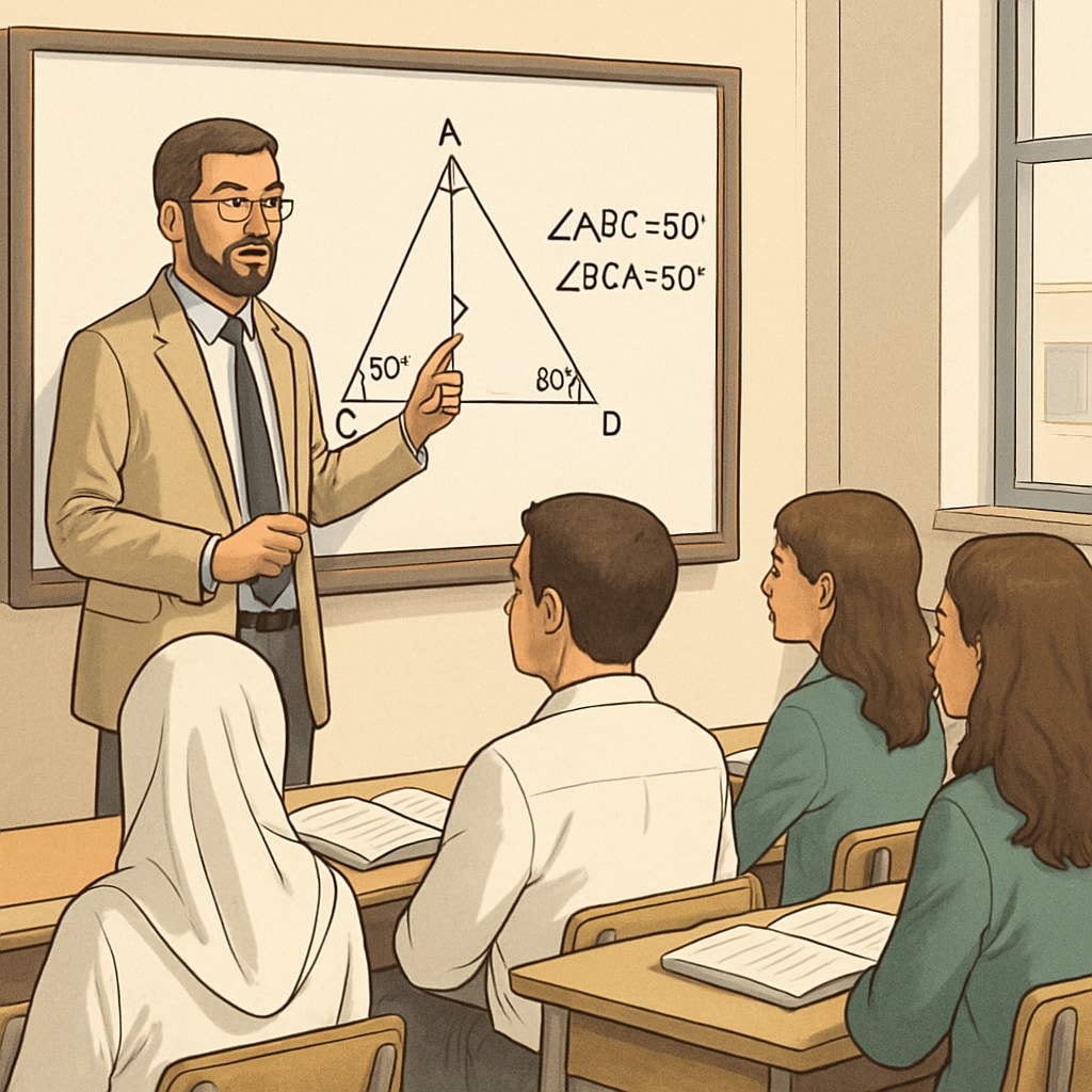An Arabic-speaking teacher using a smartboard to explain geometric principles to high school students. An Arabic-speaking teacher demonstrating geometry concepts on a smartboard in a classroom.