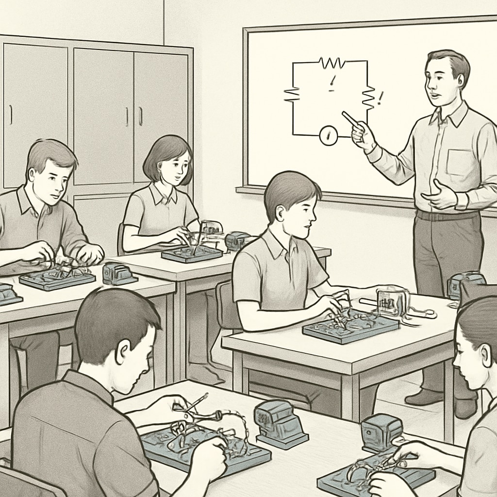 A workshop setting featuring students practicing technical skills while a teacher explains theoretical concepts on a whiteboard. Students combining vocational skills and academic learning in a workshop.