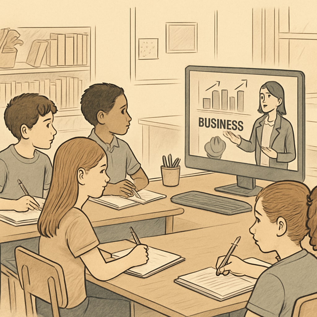 A group of children aged 8-14 engaging in an online business education session on a computer screen. Kids learning about business concepts during an online class.