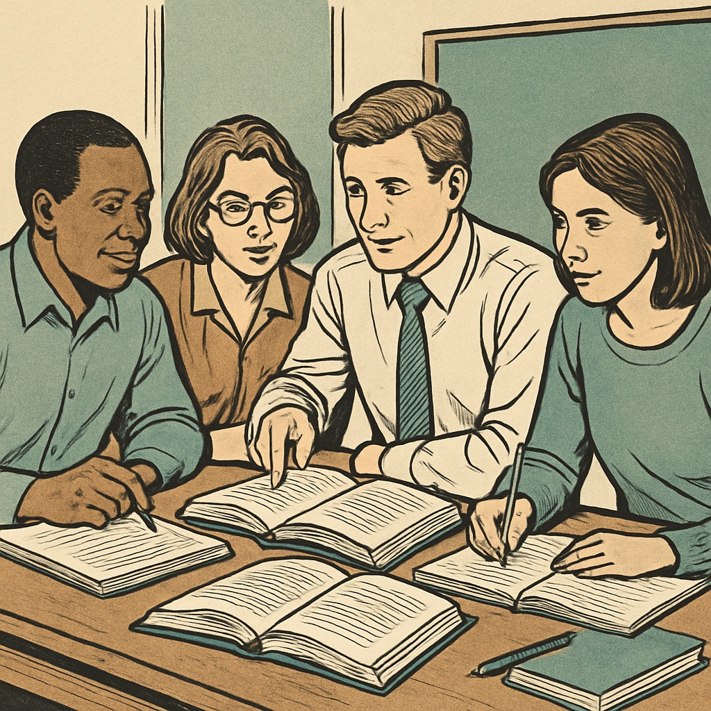 A group of adult students studying together, representing GED holders pursuing higher education opportunities. Adult students with GED certificates studying collaboratively for college applications.