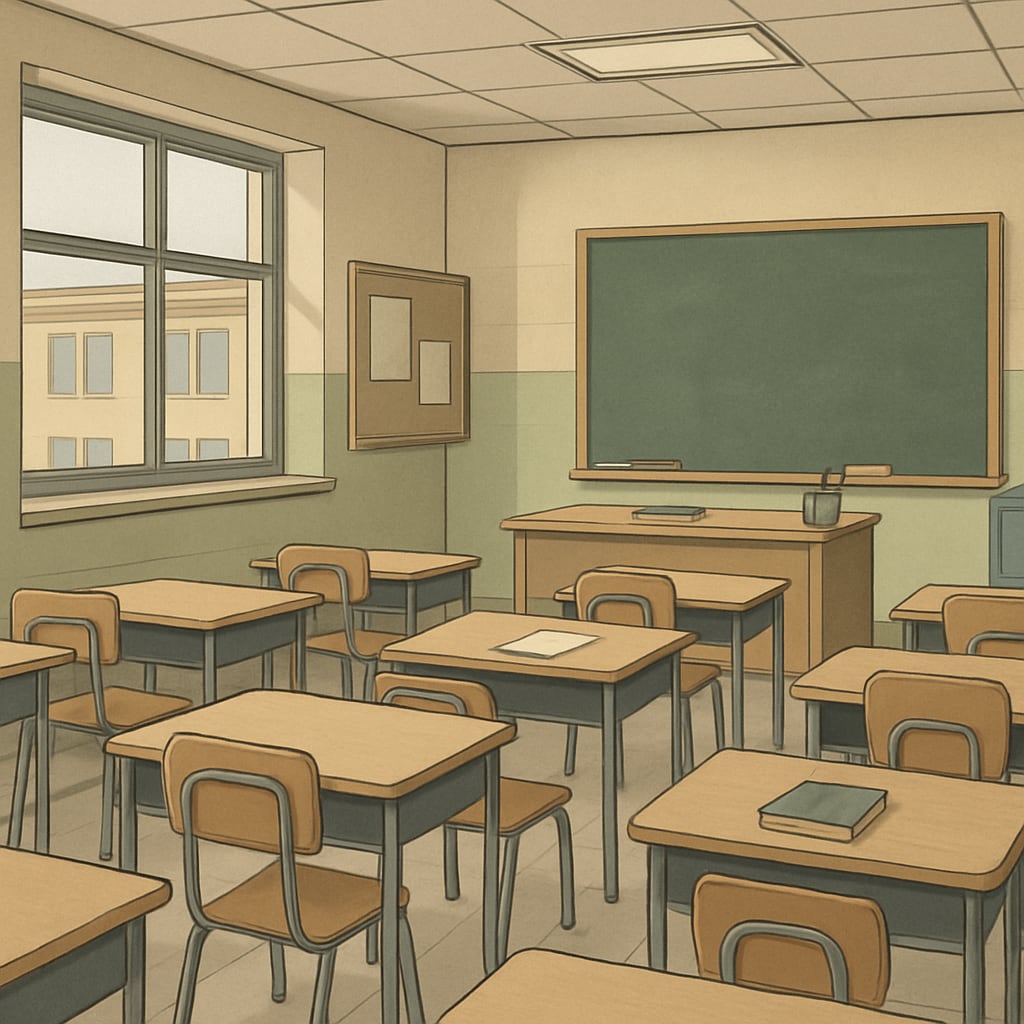 A classroom in a struggling public school, with empty desks and a lack of resources. Struggling public school classroom affected by funding diversion.