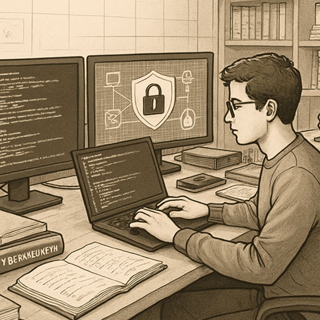 A student working on cybersecurity software in a university lab, emphasizing the importance of hands-on learning alongside academic prestige. A student using cybersecurity tools in a university lab, highlighting career prospects.
