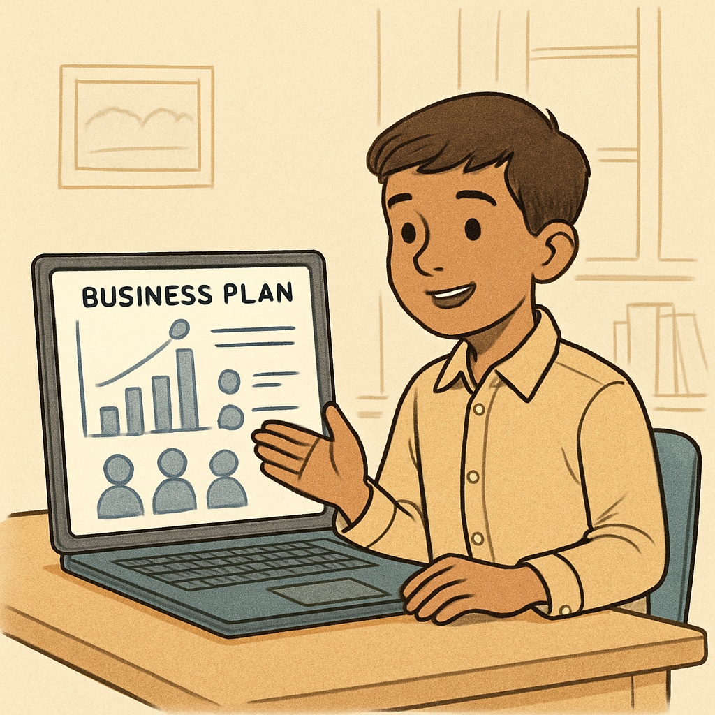 A young student presenting their business plan during an online workshop. A teenager showcasing their business project in a virtual course.