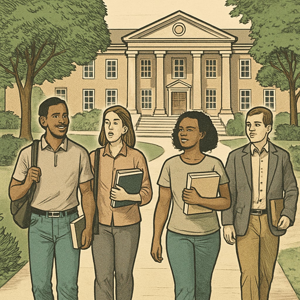 A university campus with adult learners walking, symbolizing GED holders transitioning to higher education. GED holders exploring university opportunities on campus.