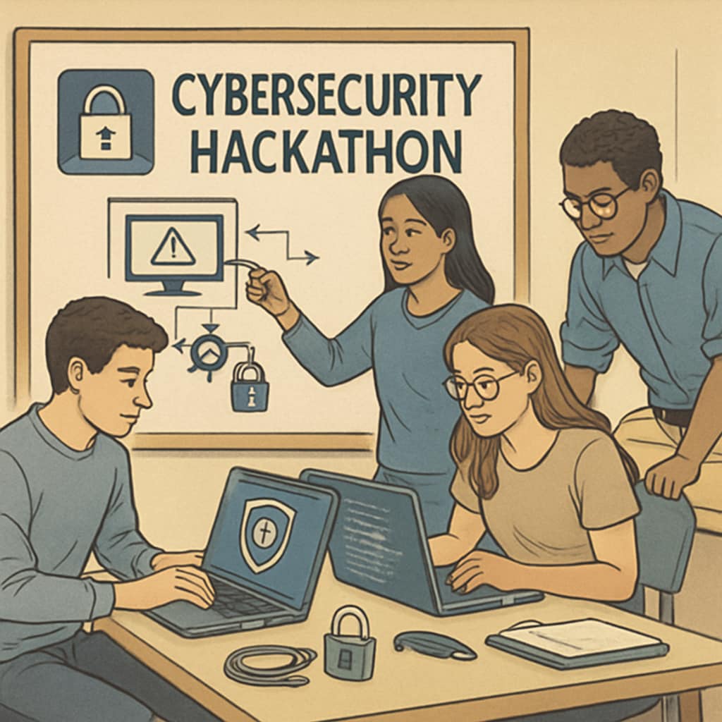 Students participating in a cybersecurity hackathon, showcasing their skills through practical challenges. Students competing in a cybersecurity hackathon to demonstrate technical expertise.