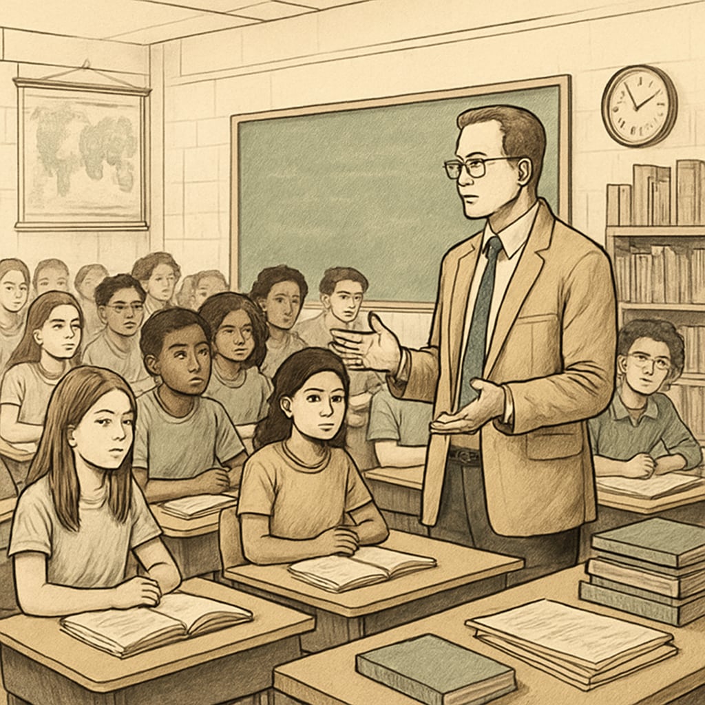 A teacher addressing a crowded classroom, illustrating the strain on public education. Public school teacher managing overcrowded classroom due to budget cuts.