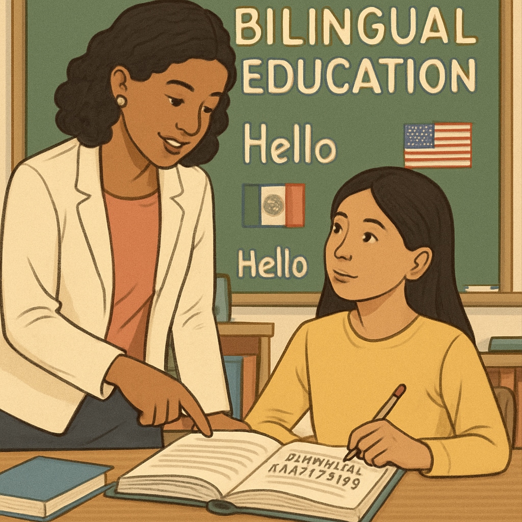 A teacher assisting a student in a bilingual classroom, emphasizing the concept of language adaptation. Language adaptation in a bilingual classroom for study abroad students