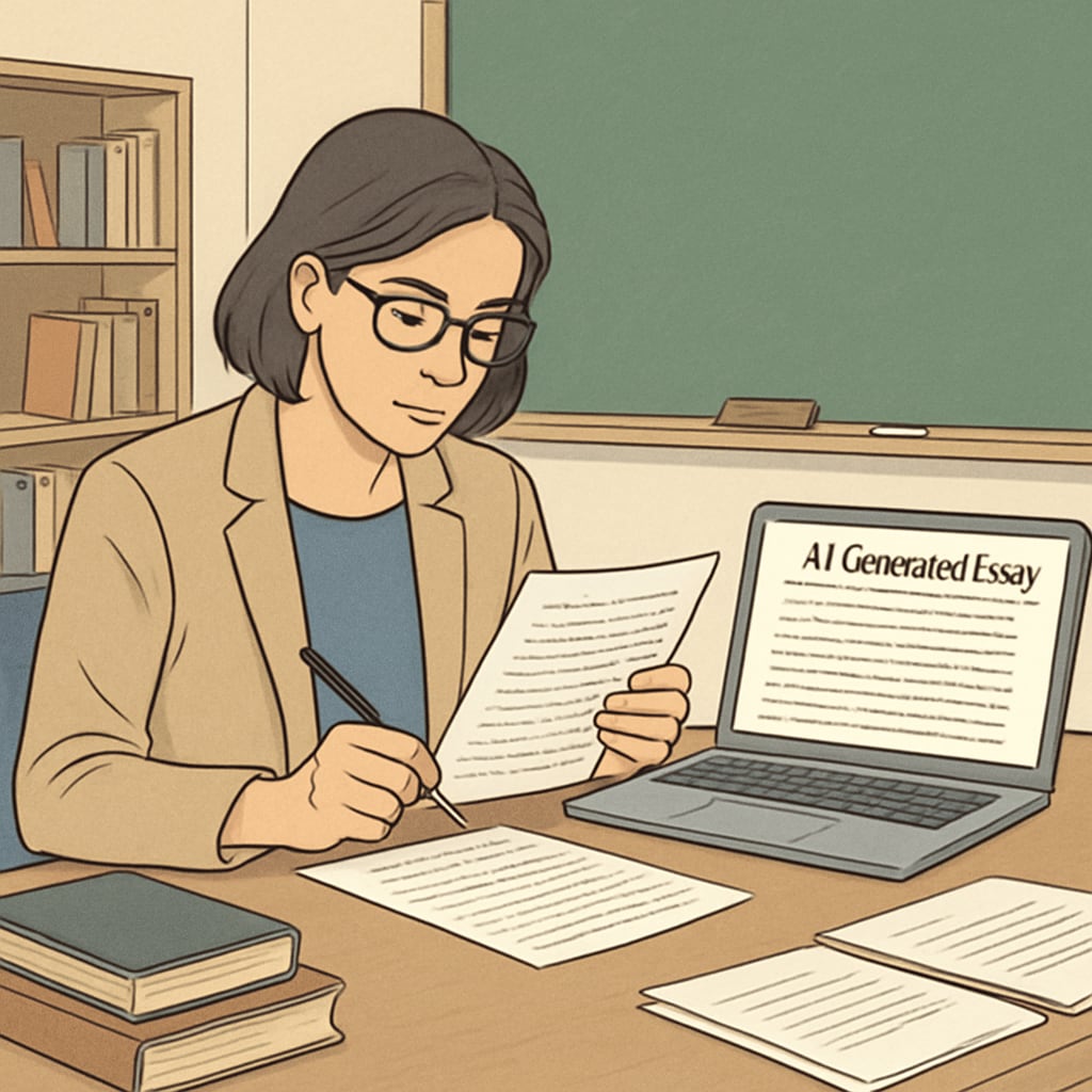 A teacher evaluating a student’s essay while referencing AI-generated content for comparison. Teacher analyzing AI-generated content for academic integrity.