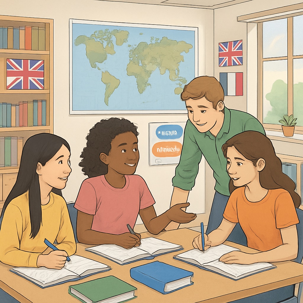 Students collaborating in a multicultural classroom, reflecting the idea of study abroad and language learning adaptation. Multicultural classroom promoting study abroad and language adaptation