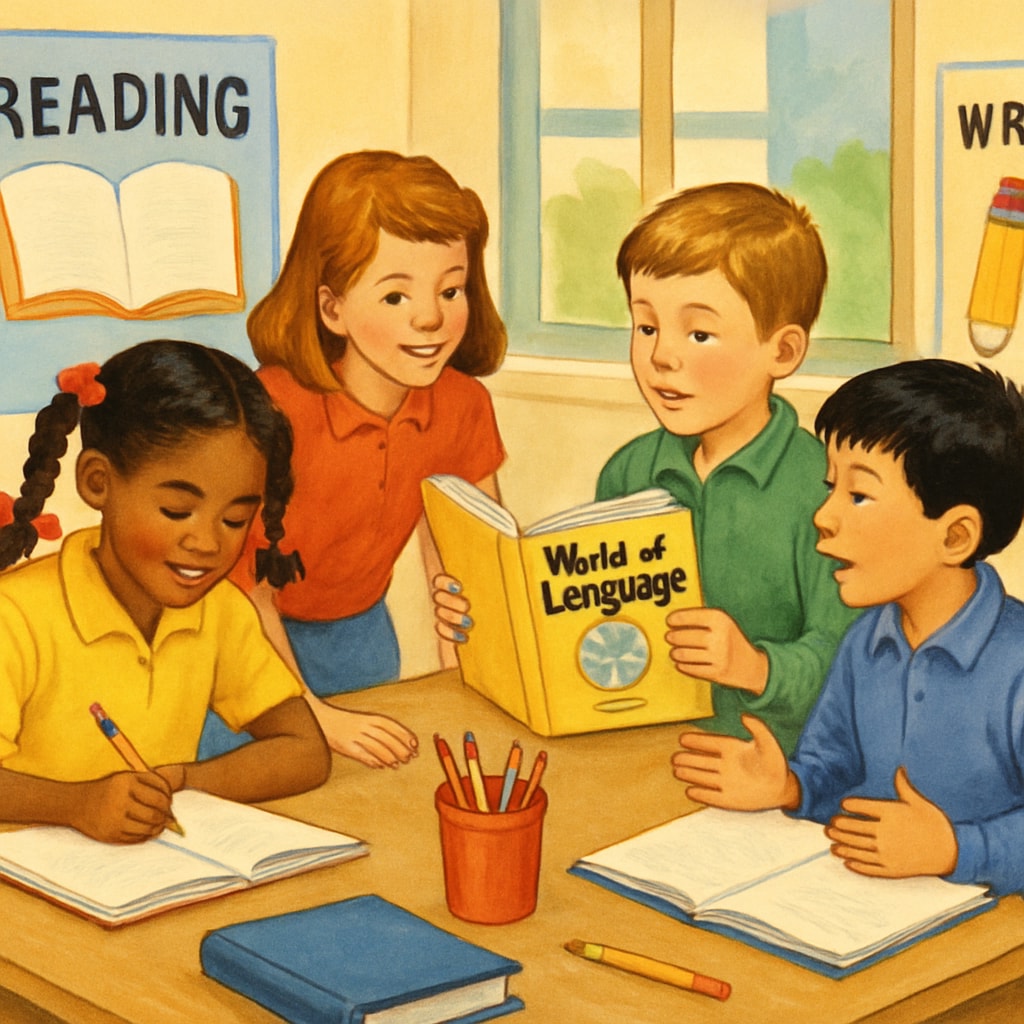 An illustration of children engaging with language activities inspired by the Children participating in language activities inspired by