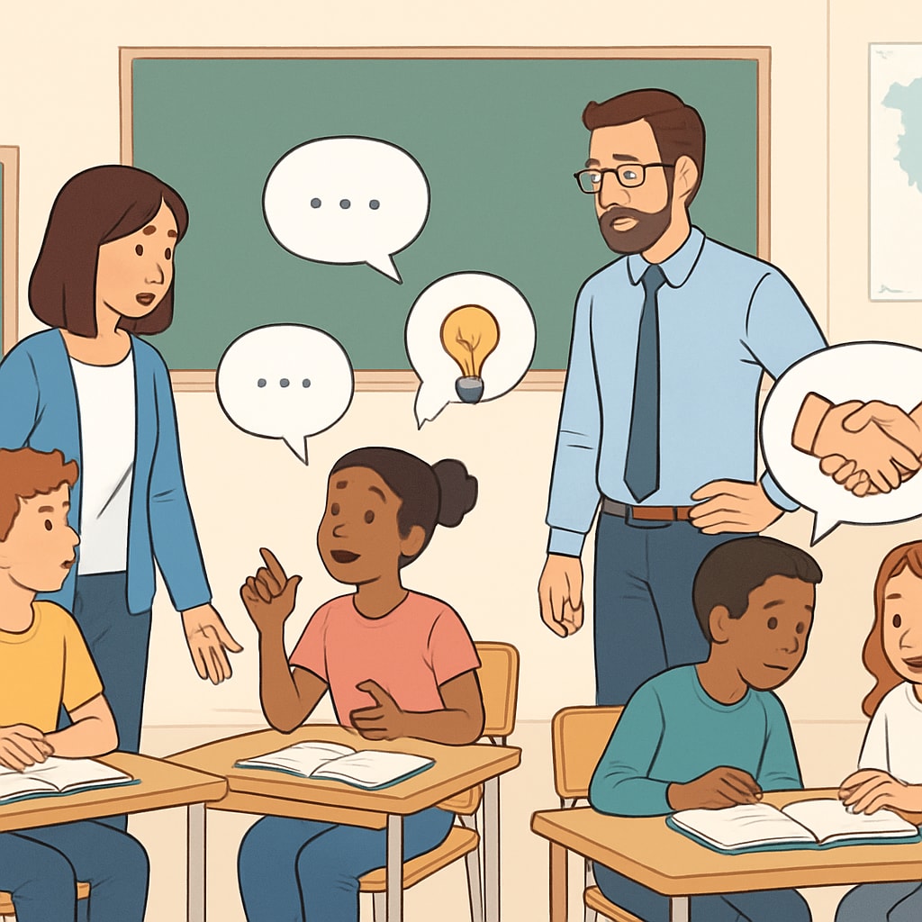 A classroom scene showcasing students and teachers interacting to highlight communication gaps and collaboration. Classroom scene highlighting communication issues in education.
