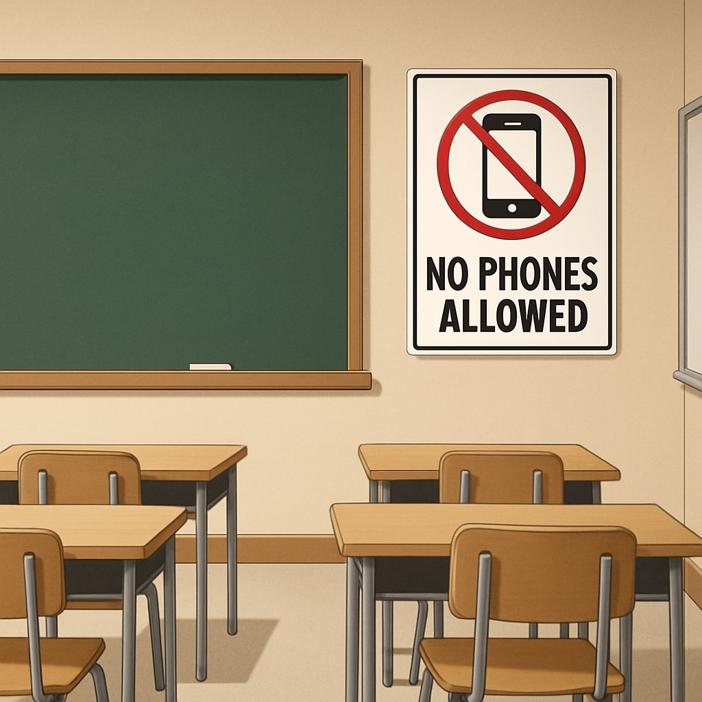 A classroom with a Phone ban sign in a public school classroom.