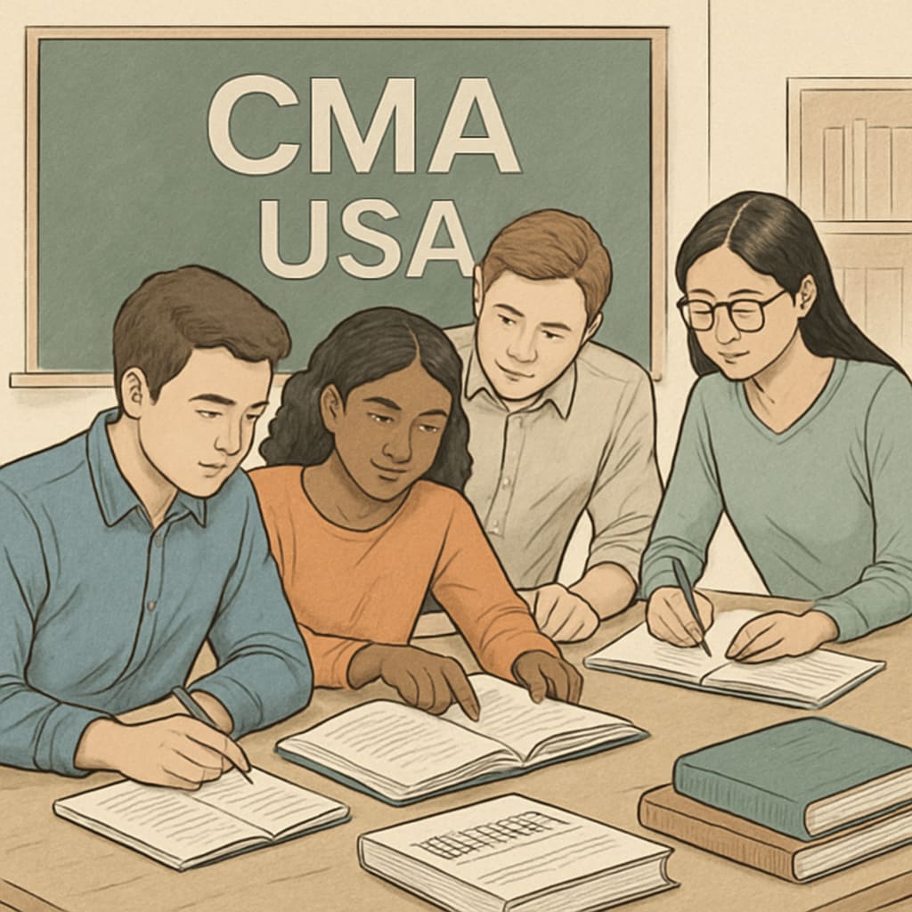 Kerala students collaborating to prepare for CMA USA certification exams.