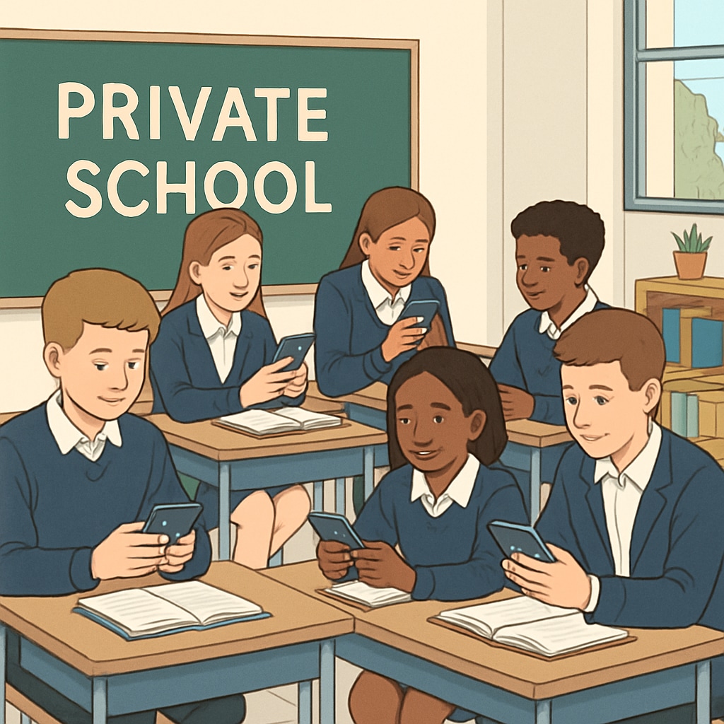 Students in a private school classroom using smartphones for an educational activity. Private school students using smartphones for learning.