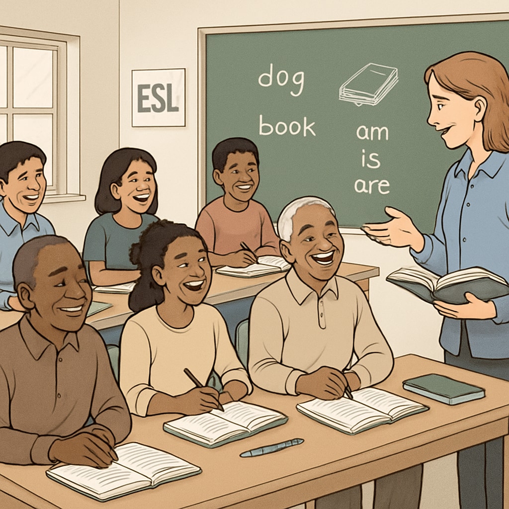 Adult learners improving their foundational knowledge and English skills in a New York City ESL class.