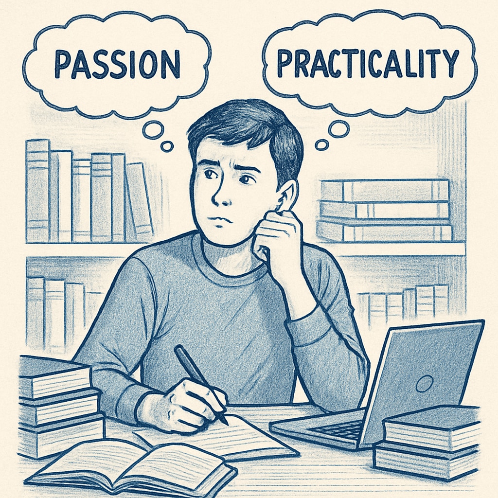 A student sitting at a desk surrounded by books and a laptop, pondering major choices. This image reflects the internal struggle of choosing between passion and practicality in college majors. Student thinking about academic planning and major selection surrounded by books and a laptop.