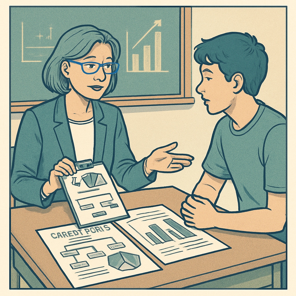A career counselor reviewing potential career options with a student using charts and graphs. This image highlights the importance of professional guidance in making educational decisions. Career counselor discussing academic planning and career development with a student.