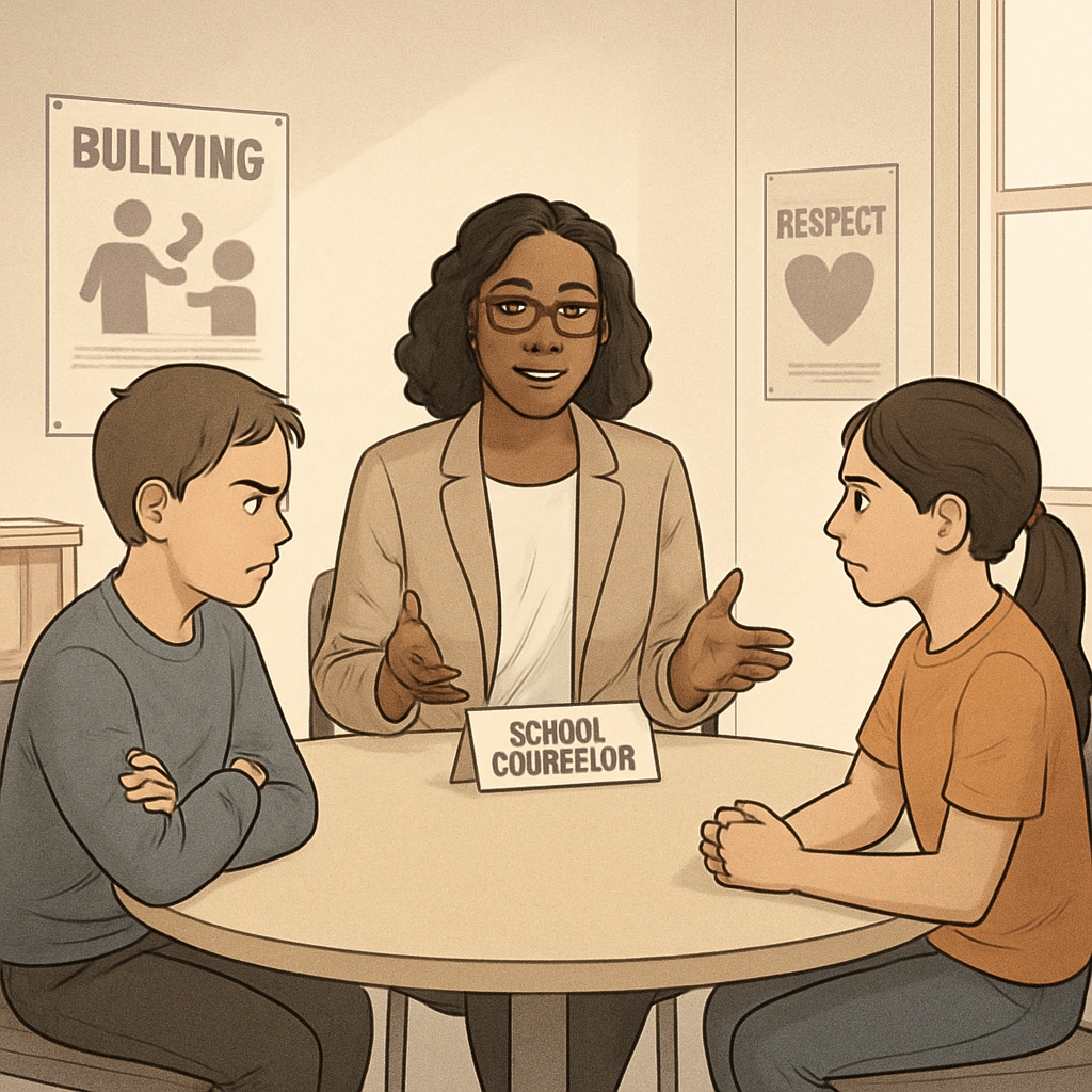 A school counselor mediating a conversation between two students to resolve a bullying incident. A school counselor addressing a bullying situation with students.