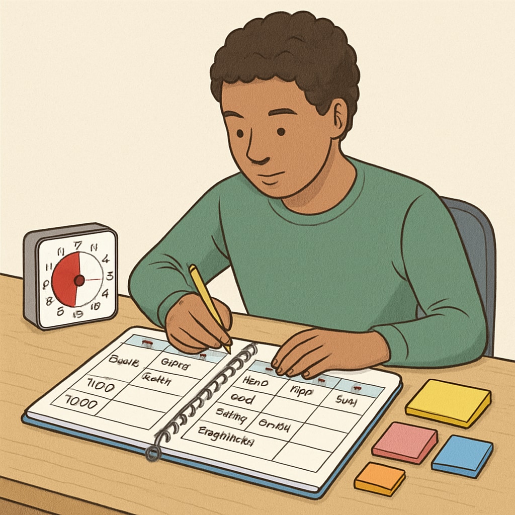 A student sitting at a desk, using a planner to organize their assignments, with ADHD-specific tools like a timer and colorful sticky notes visible. ADHD high school student organizing assignments with a planner and visual aids