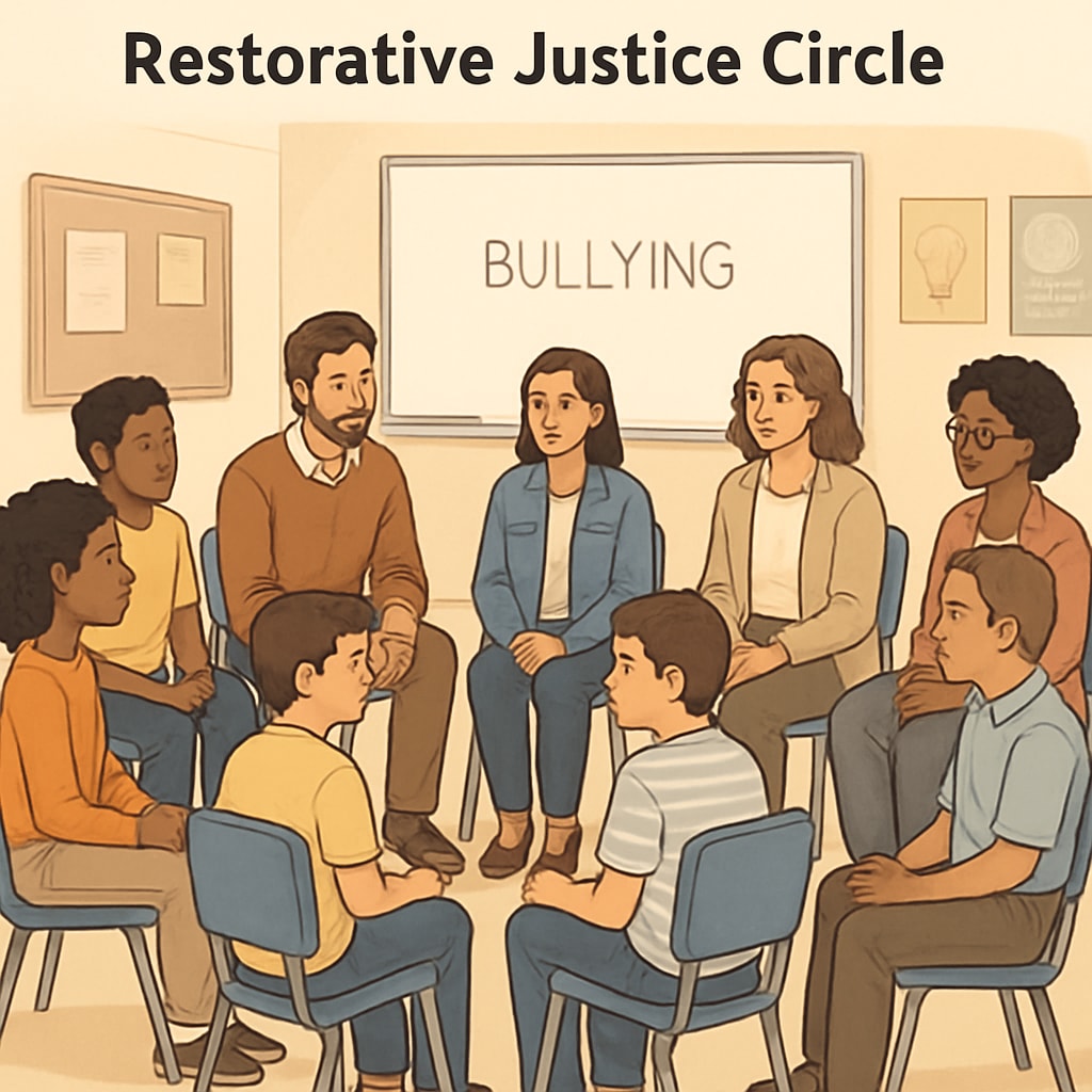A restorative justice circle involving students, teachers, and parents working together to address a bullying issue. Restorative justice circle in a school setting.