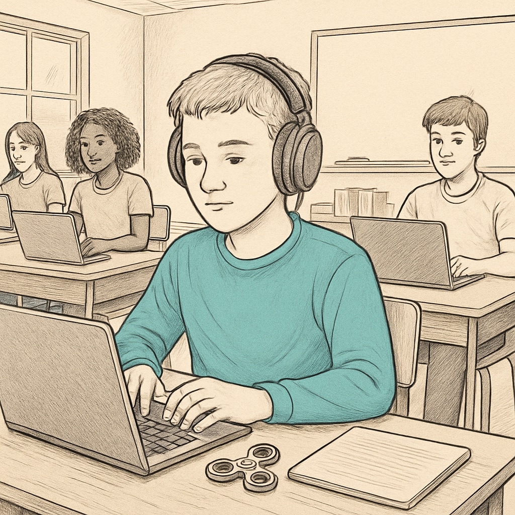 A high school classroom setting where students are using laptops for online learning, with a focus on one student who has ADHD-specific tools like noise-canceling headphones. High school students engaged in online learning, showcasing ADHD-specific tools