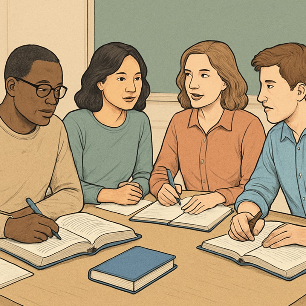 Adult learners studying together, with a focus on GED preparation for college.