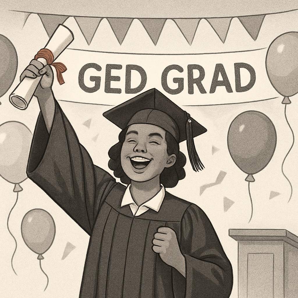 GED graduate celebrating college success at a graduation ceremony.