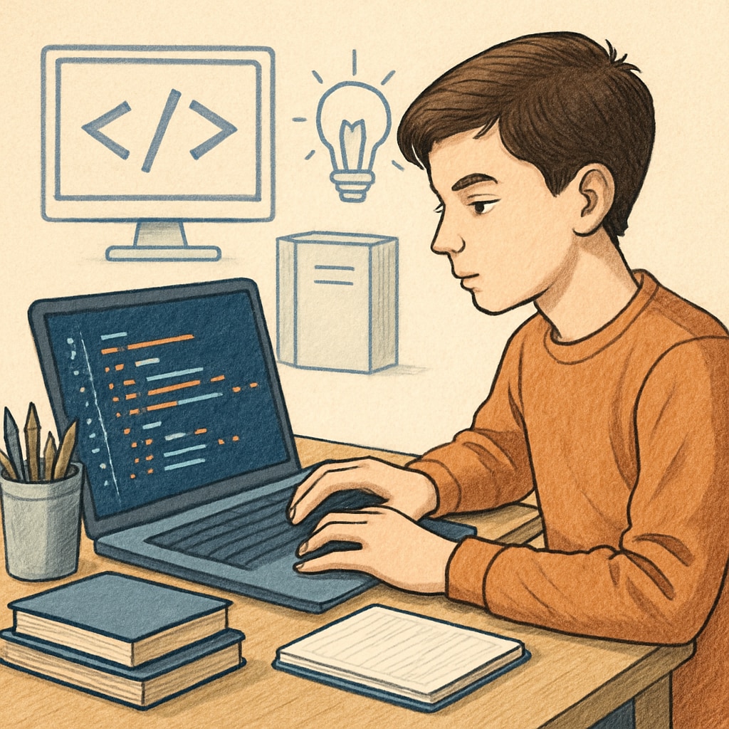 Teenager coding software, illustrating the programmer’s profession in AI.
