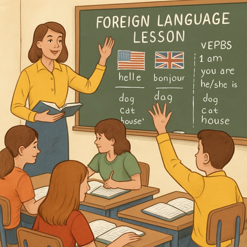 A classroom with students engaging in a foreign language lesson, symbolizing academic adaptation. Students learning in a foreign language classroom, representing academic adaptation challenges.