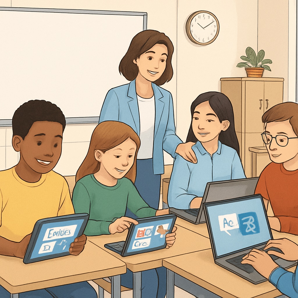 Students using digital tools like language learning apps in a collaborative classroom setting. Students employing language learning apps to overcome challenges in foreign language education.