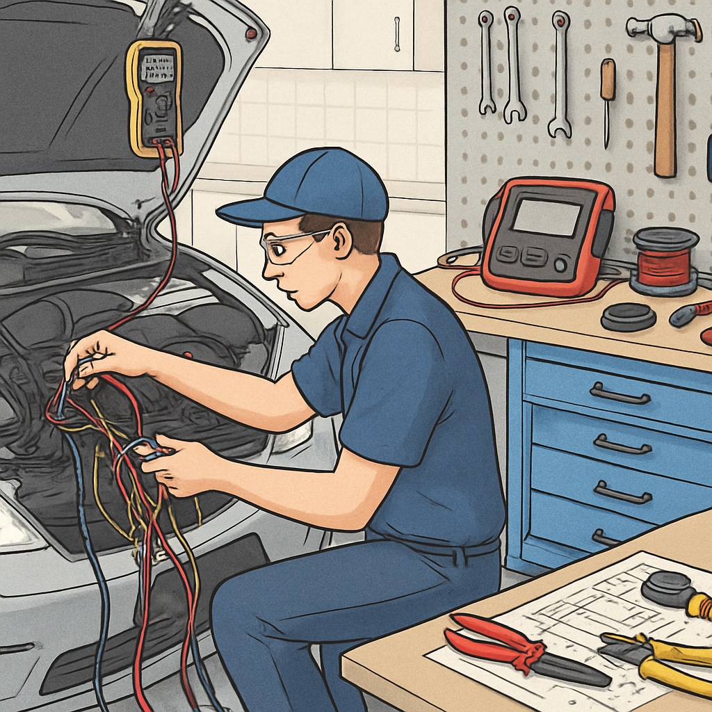 A person working on a car's electrical system with modern tools in a workshop, highlighting the practical aspects of electrical apprenticeships. Electrical apprentice repairing a car's electric system in a workshop