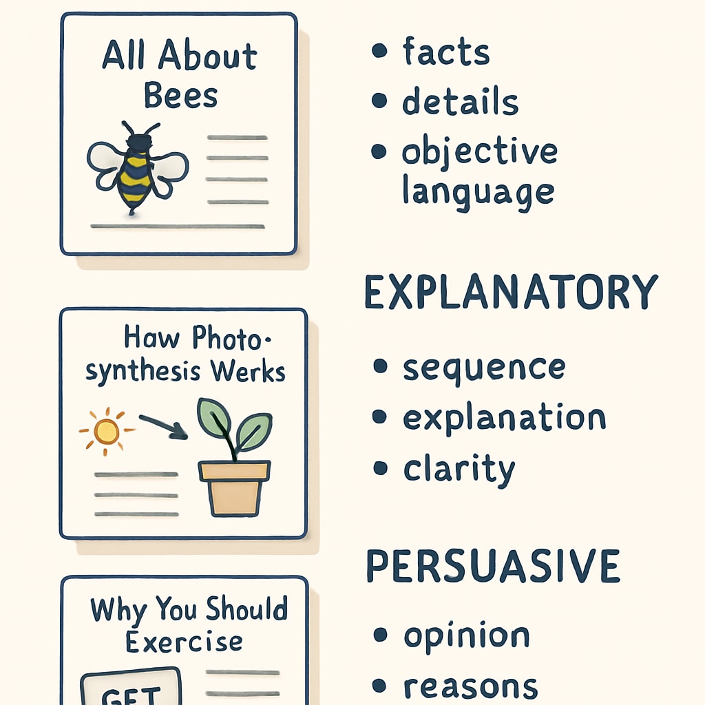 A detailed illustration showing examples of informational, explanatory, and persuasive texts, labeled with typical features. Examples of Functional English text purposes: informational, explanatory, persuasive.
