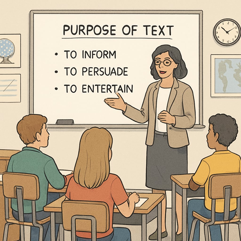 A classroom scene where a teacher explains text purpose categories to students using a whiteboard. Teacher explaining Functional English text purposes to students during a lesson.