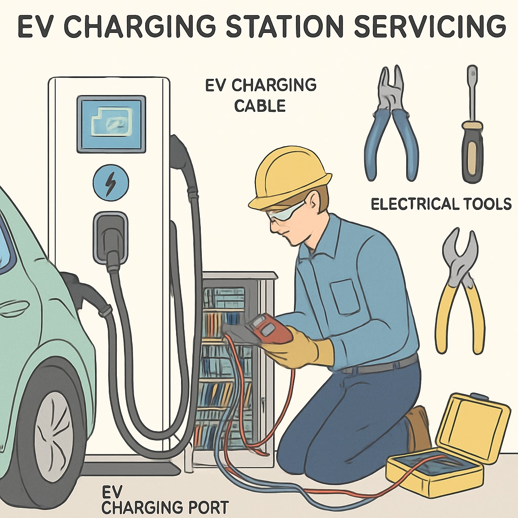 An electric vehicle (EV) charging station being serviced by a technician with specialized electrical tools, emphasizing the role of electrical training in the automotive industry. EV technician servicing a charging station with electrical tools