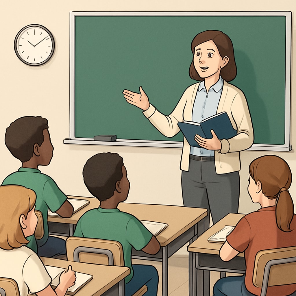 A classroom with students paying attention to their teacher, with phones visibly absent to emphasize the phone ban policy. Students in a classroom paying attention, no phones visible, representing public school phone bans.