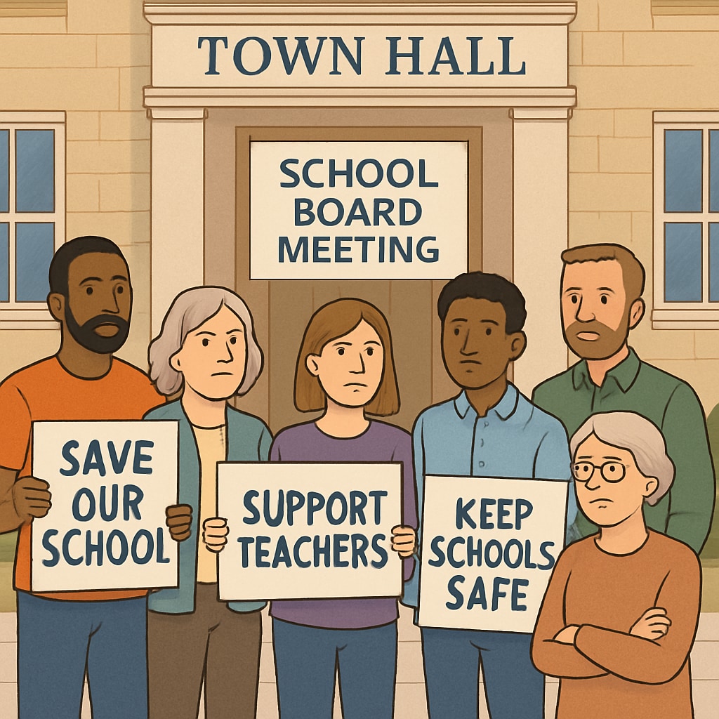 A group of concerned citizens protesting a school board meeting outside of a local town hall. Community protest against a school board member with a violent criminal history.