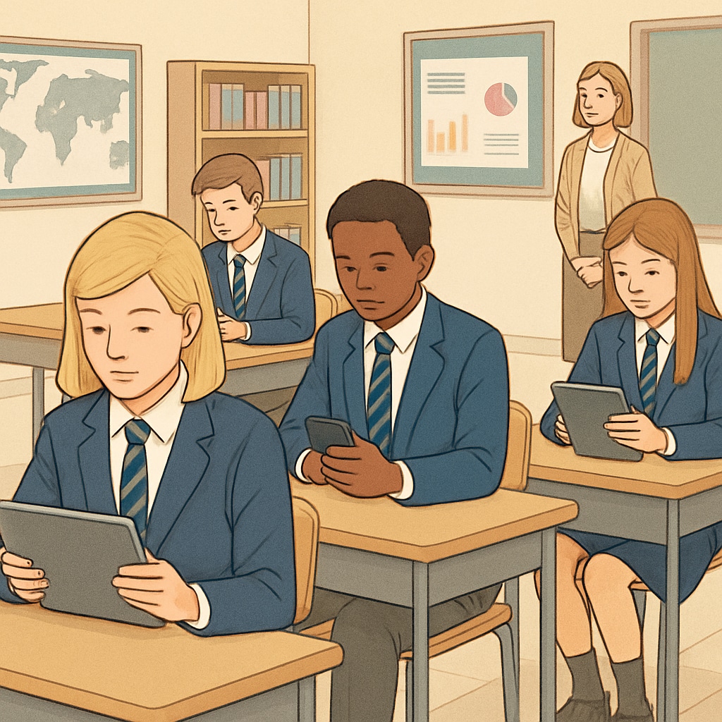 Students in a private school setting using tablets or phones for educational purposes, illustrating policy differences. Students in a private school using technology responsibly, contrasting public school phone bans.
