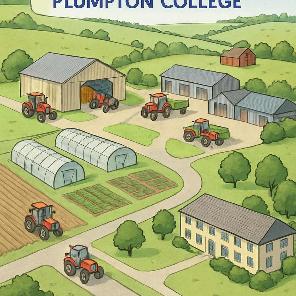 A scenic view of Plumpton College campus, highlighting its agricultural and vocational facilities. Plumpton College campus showcasing its unique vocational and agricultural facilities for students.