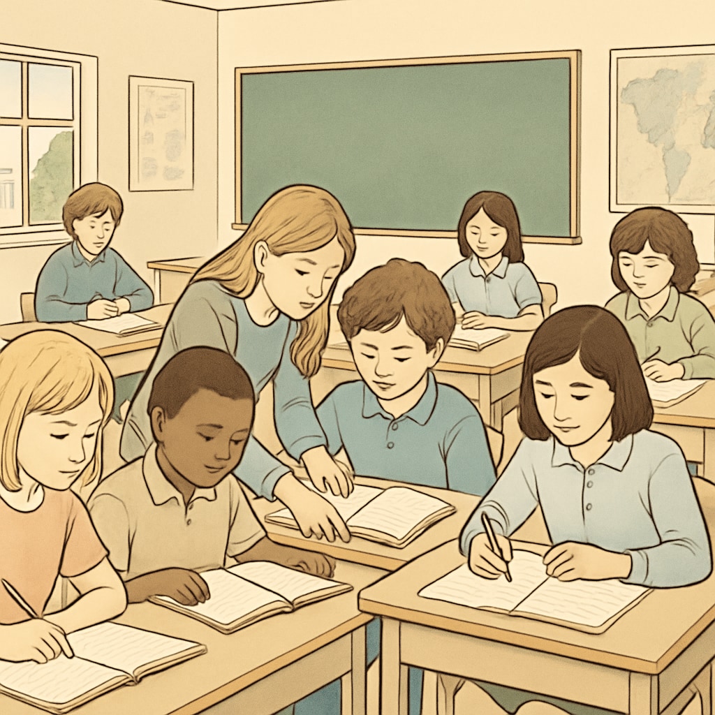 A classroom setting where students are engaged in learning without phones visible, emphasizing a distraction-free environment. Students in a classroom without phones visible, focusing on lessons.