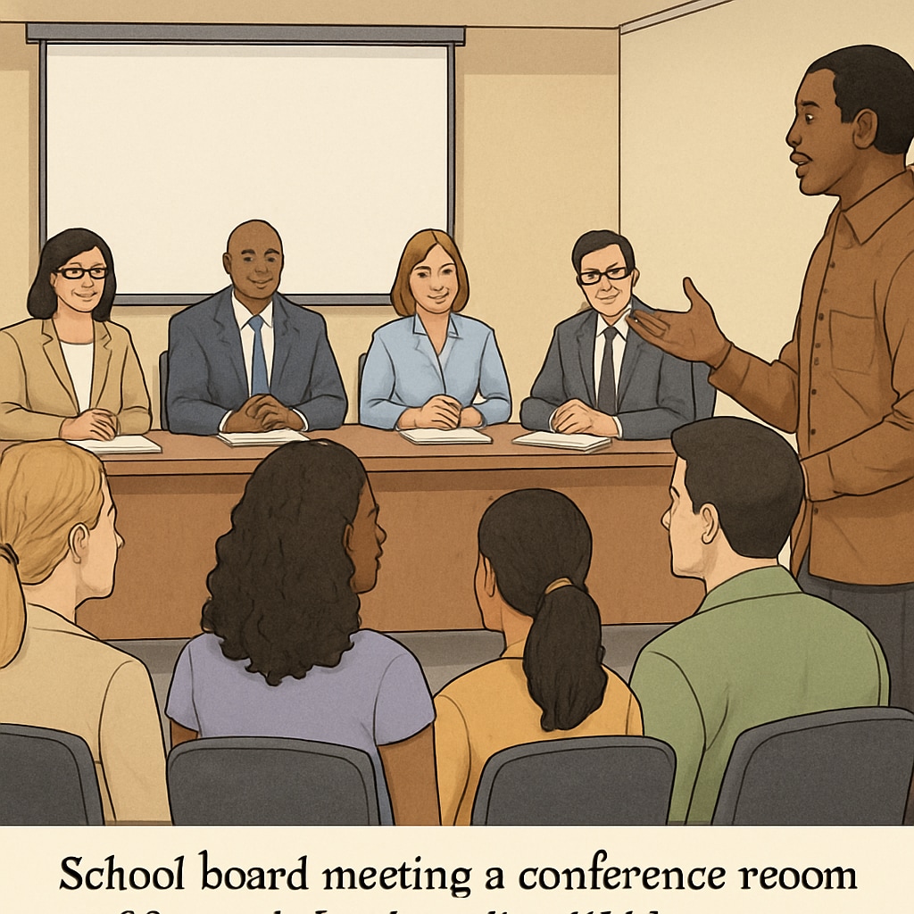 A school board meeting in progress, with parents and community members addressing the board. Parents and community members advocating for child safety at a school board meeting.
