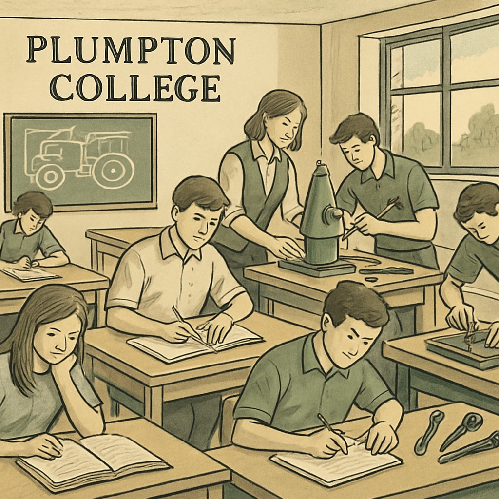 A classroom setting at Plumpton College with students engaged in both academic and practical learning activities. Students at Plumpton College participating in integrated academic and vocational learning sessions.